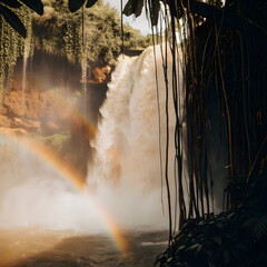 rainforest waterfall with mist and rainbow effect