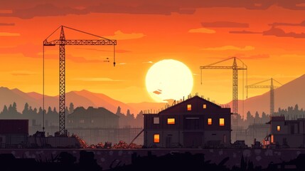 Sunrise over a construction site,  ruined city