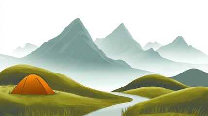Misty mountain landscape with a camping tent