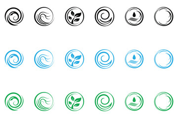 Abstract Organic round shape vector set, nature swirl circle with leaf, modern frame circular graphic design element