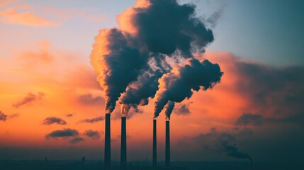 Dark smoke plumes rise from industrial chimneys against a vibrant sunset