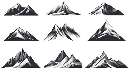Set of monochrome mountain silhouettes.  Various shapes and details