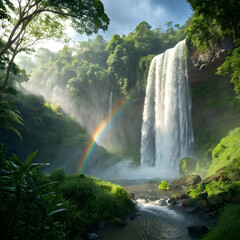 rainforest waterfall with mist and rainbow effect