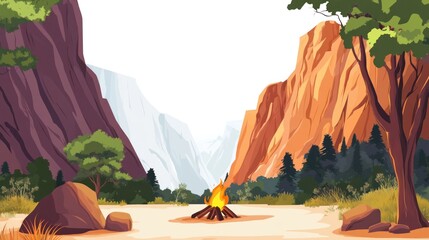 Canyon landscape with campfire.  Vast canyon, dramatic mountains, vibrant colors, a campfire in the center, trees, and rocks.  Peaceful and scenic