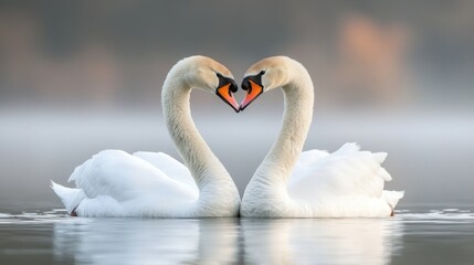 Two white swans in a heart formation on water.  Soft light and mist in the background
