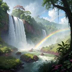 rainforest waterfall with mist and rainbow effect
