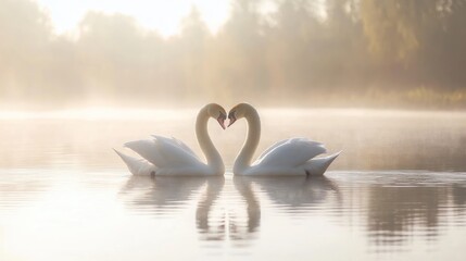 Two swans in a serene morning mist, necks forming a heart shape, reflected in calm water