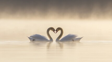 Two swans facing each other, necks forming a heart shape, on a calm lake at sunrise or sunset, bathed in soft light