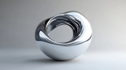 Polished chrome abstract ring-like sculpture on a plain studio background