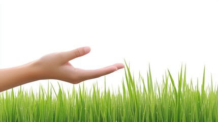 A pale hand outstretched toward a field of vibrant green grass