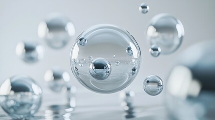 Abstract, glassy spheres float in space, reflecting light