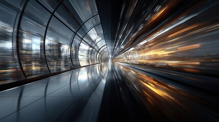 Futuristic Glass Tunnel with Abstract Light Trails and City Reflections
