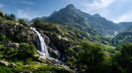 Majestic waterfall cascades down a rocky mountainside, surrounded by lush green trees and verdant vegetation under a vibrant blue sky, showcasing a serene natural landscape and the raw beauty
