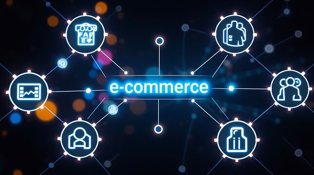 The image depicts the concept of e-commerce with a central glowing text "e-commerce" connected to various digital icons representing online business functions and user interactions within a network.