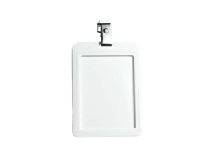 White ID badge holder with metal clip on a stark black background
