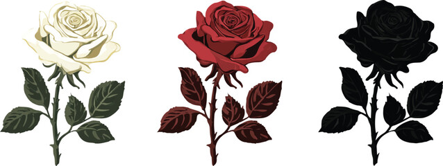 three vector logos of roses in different colors, white background, simple design, flat style, all black color palette, vector art, vector clipart