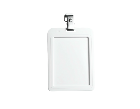White ID badge holder with metal clip on a stark black background