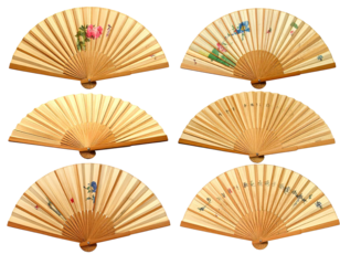 Six traditional fans with painted floral designs, arranged in a grid formation