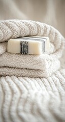 Ivory soap rests on folded plush ivory towels