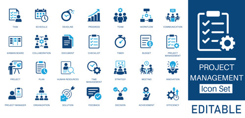 Project Management and Business Workflow solid icon set. Contains symbols for Task, Schedule, Kanban Board, and Collaboration. Flat vector design for agile workflow and strategic planning.