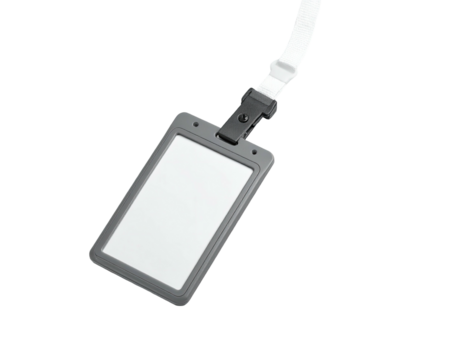 ID badge on a white lanyard, black clasp, rectangular clear ID