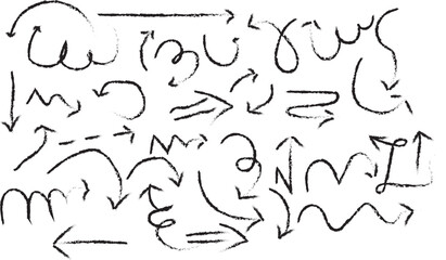 Black crayon arrow collection with curved and straight, spiral and zigzag, circular, wavy directional pointers. Vector hand drawn brush stroke for presentation,