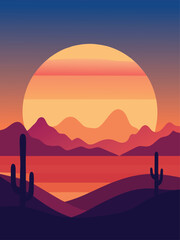 Obraz premium A vibrant desert sunset illustration featuring silhouetted cacti, rolling hills, and a large sun setting behind distant mountains