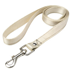 Closeup of a beige dog leash with a metal clip isolated on transparent background, showcasing its design and functionality