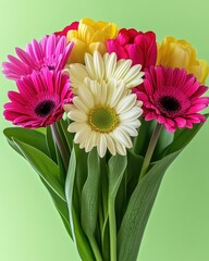 Colorful flower bouquet on green backdrop, close-up view