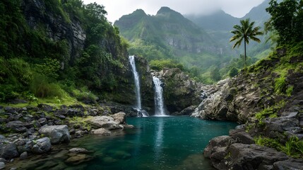 Cascading waterfalls plunge into a vibrant turquoise pool, surrounded by lush green foliage and dark, rocky cliffs under an overcast, misty sky.