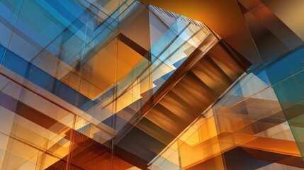 Fototapeta premium Abstract View of Modern Glass Architecture with Blue and Orange Overlaps.