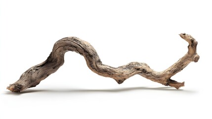 Naklejka premium A naturally curved, aged driftwood branch lies isolated against a clean, bright white background, showcasing its intricate textures, neutral earth tones, and organic form, offering a visual...