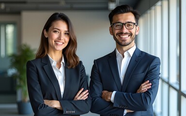 smiling male and female IT expert with arms crossed standing in a modern office. generative AI. High quality