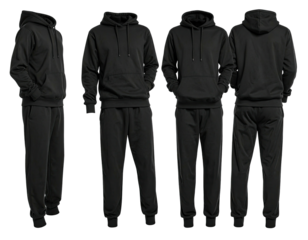 A black hoodie and sweatpants set in various poses, front, side, and back views