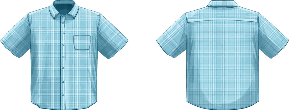 vector illustration of two front and back views of a light blue plaid golf shirt, in a flat vector style with a white background