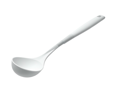 A white ladle, angled, with handle and bowl, isolated on a stark black backdrop