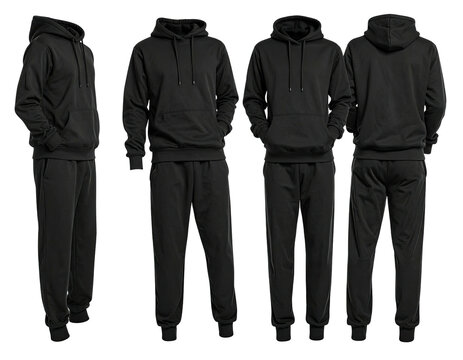 A black hoodie and sweatpants set in various poses, front, side, and back views