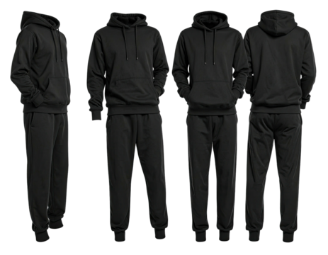 A black hoodie and sweatpants set in various poses, front, side, and back views