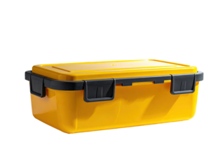 A bright yellow rectangular container with a black handle and latches, on black