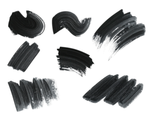 Seven abstract grayscale brush strokes on a black background