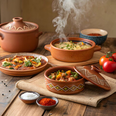 rustic wooden table with clay dishes full of fresh