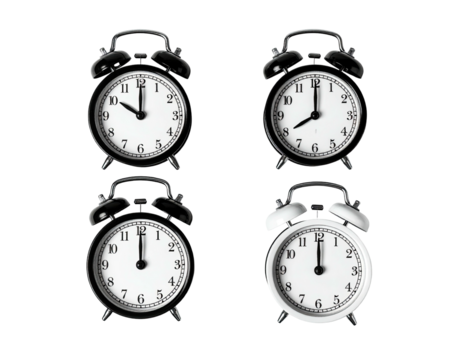 Four classic analog clocks displaying different times, arranged on a black background