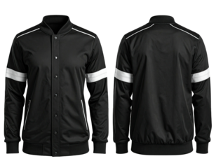 Front and back view of a black jacket with white accents and ribbed details