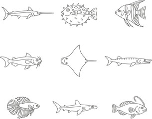 Diverse Saltwater and Freshwater Fish Line Art Icon Set
