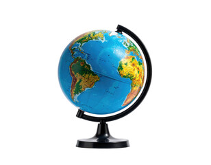 A detailed, colorful desktop model of Earth, showing continents and oceans