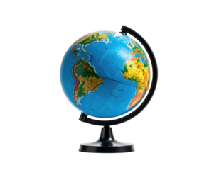 A detailed, colorful desktop model of Earth, showing continents and oceans