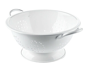 A white, metal colander with handles, on a stand, isolated on black