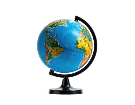 A detailed, colorful desktop model of Earth, showing continents and oceans