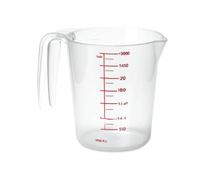 A transparent plastic measuring jug with a handle and red volume markings