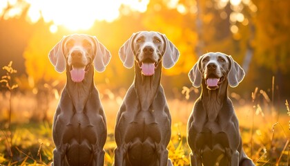 Three Weimaraner dogs in autumn sun
